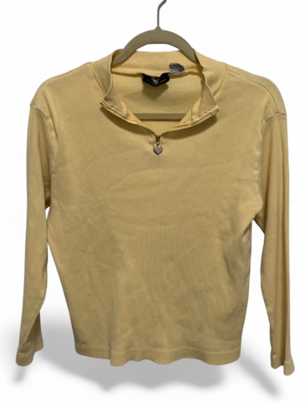 Vintage Yellow Ribbed Long-Sleeve Quarter Zip Top with Heart Charm